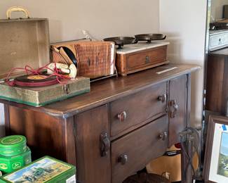 MONTEREY STYLE SIDEBOARD, COLLECTIBLE 45 RECORDS, 45 RECORD PLAYER, ANTIQUE SCALE.