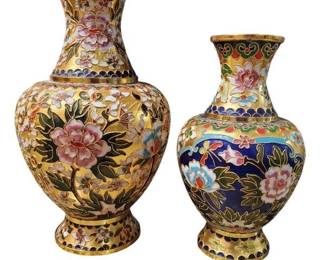 Set of Vintage Chinese Cloisonné Enameled Brass Vases