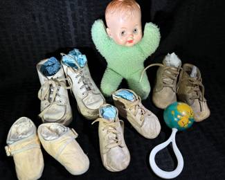 Vintage baby shoes and toys