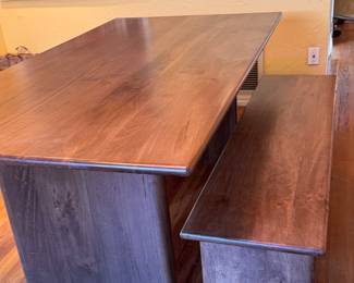 2022 Ethan Allen solid wood dining table and bench. Table: 6’L x 39”W x 30”H 
Bench: 6’L