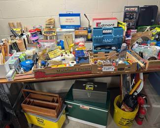 Vintage Coleman cooler,  painting supplies, tool storage caddys, misc household 