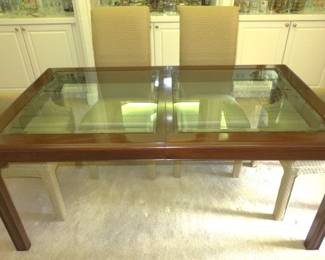 Wood Framed Glass Top Dining Room Table