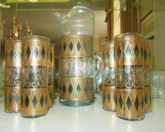 Mid Century 22k Gold High Ball Pitcher Set by West Virginia Specialty Glass Co. in Rainier Pattern