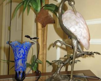 Andrea By Sadek Tin Chi Bronze Heron/Crane Lamp with Pink Glass Shade Marble Base