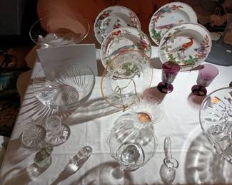Mottahedeh plates. Steuben bowl. Moser plate and berry bowl.