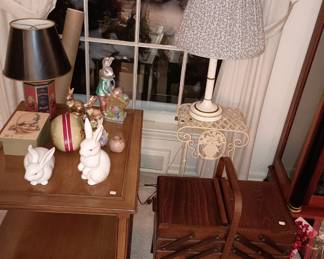 Hekman table. Vintage accordian sewing cabinet. Fitz and Floyd rabbits