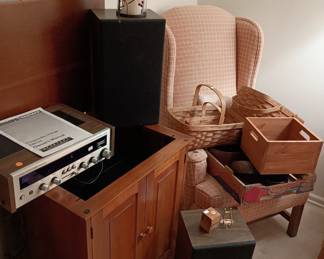 Wing back chairs. Stereo cabinet. Longaberger baskets