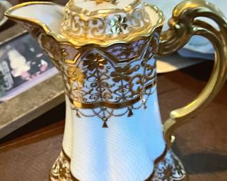 Heavy raised gold hand painted chocolate pitcher - exquisite Nippon piece with in saucer