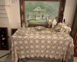 Exquisite home made table cloth cut crystal champagne and wines etched sets