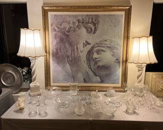 Large framed art and variety of cut and etched Crystal plus 2 Greek column lamps