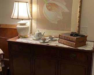 Buffet and large lily print set tea set and very old books