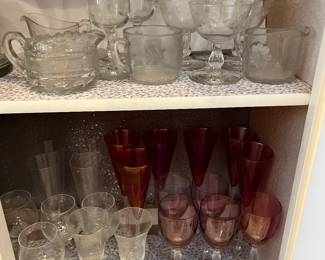 Beautiful cocktail sets, vintage etched glass and cut glass - great colors