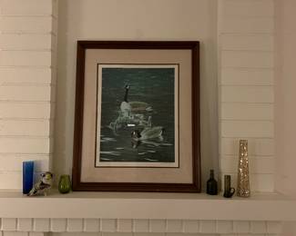 Duck framed art with vases and collectibles