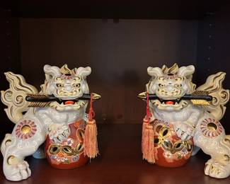 Antique Satsuma Moriage paid, Porcelain Foo Dogs