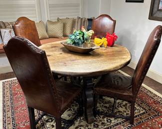 Round Wood Table with 4 Leather Chairs