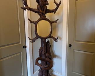Large resin hall tree with mirror and umbrella pan with a bear motif