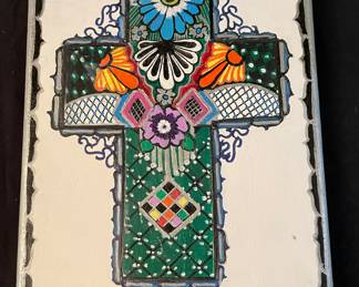 Hand Crafted and Painted by Local Artist Susan Crocker Decorated Painted Cross on Canvas