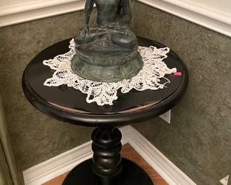 Ebony Table with Metal Buddha, Hand Crafted Doily