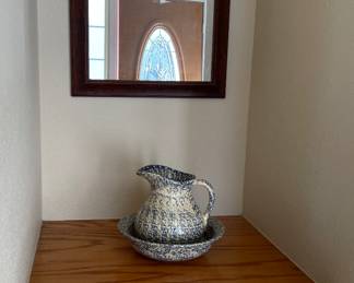 Ceramic Pitcher and Wash Basin, Wall Mirror