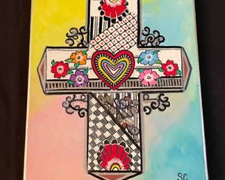 Hand Crafted and Painted by Local Artist Susan Crocker Decorated Painted Cross on Canvas