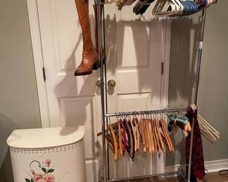 Vintage Hamper, Wooden Hangers, Leather Boots