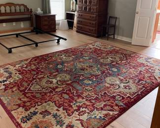 Area Rug, Queen Size Bedframe, High Boy Chest of Drawers