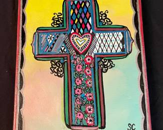 Hand Crafted and Painted by Local Artist Susan Crocker Decorated Painted Cross on Canvas