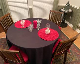 Dining Room Table Seats Four, Valentines Red Placemats, Trinket Dish, Red Candle, Queen Anne's Lace Jelly Dish, Ebony Table with Metal Buddha, Hand Crafted Doiley