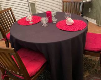 Dining Room Table Seats Four, Valentines Red Placemats, Trinket Dish, Red Candle, Queen Anne's Lace Jelly Dish, Ebony Table with Metal Buddha, Hand Crafted Doily