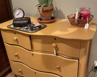 Antique Chest of Drawers, Potted Cactus Plant, Candle, Wind Up Alarm Clock, Coin Tray, Mens Electric Shaver