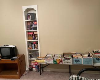 Assorted Books, CD's, DVD's, Cassette Tapes, VHS Tapes, Books on Tape, Printer Table, T.V. WITH VHS Tape Player