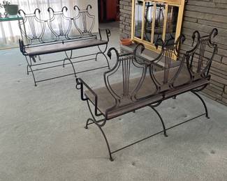 PAIR LYRE BACK WROUGHT IRON SETTEES
