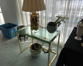 PAIR OF BRASS AND GLASS STANDS