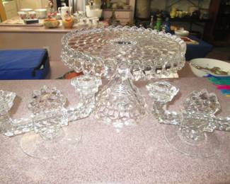 Vintage Fostoria "American" Footed Cake Plate & Candelabras