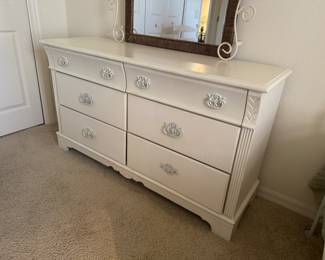 French Cottage White Solid Wood Double Dresser with Mirror