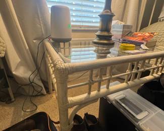 Glass Top White Rattan Side Table 