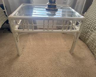 White Bamboo Rattan Glass Top End Table