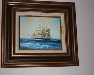 Mat/framed small oil on canvas schooner ship 