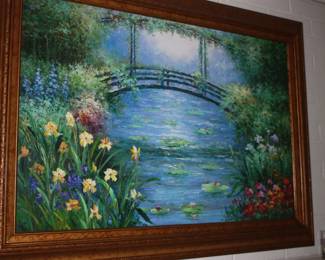Gold frame oil on canvas  Bridge over pond