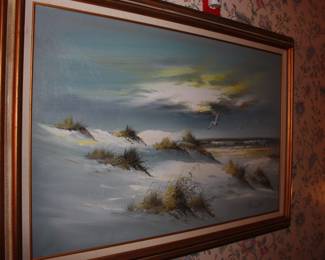 Framed oil on canvas beach scene  Remington