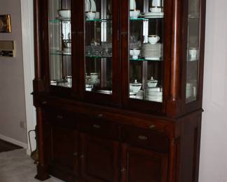 Large wood china cabinet 7' tall w/glass shelves/ 3 glass doors/ 3 lower wood doors & 5 drawers  no scratches