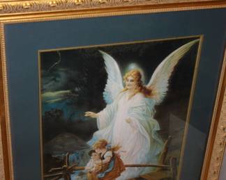 Large gold frame matted iconic 'Angel watching over children crossing bridge'