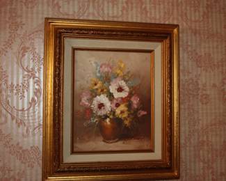 Small gold frame oil on canvas  flower arrangement 