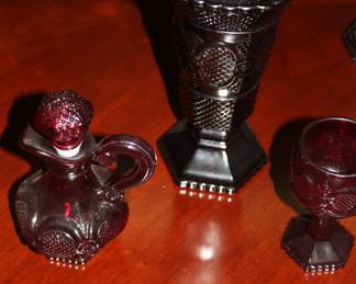Ruby embossed oil bottle w/stopper, ruby embossed vase & ruby embossed stemmed cup