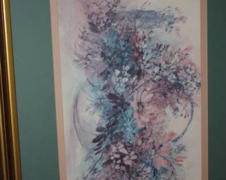 Gold frame/mat watercolor flowers in basket