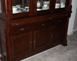 Large wood china cabinet 7' tall w/glass shelves/ 3 glass doors/ 3 lower wood doors & 5 drawers  no scratches
