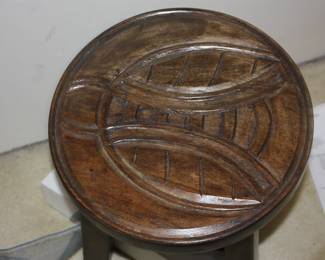 Carved round wood stool