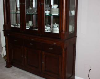 Large wood china cabinet 7' tall w/glass shelves/ 3 glass doors/ 3 lower wood doors & 5 drawers  no scratches