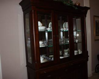 Large wood china cabinet 7' tall w/glass shelves/ 3 glass doors/ 3 lower wood doors & 5 drawers  no scratches