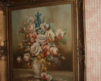 Gold frame oil on board flowers in vase